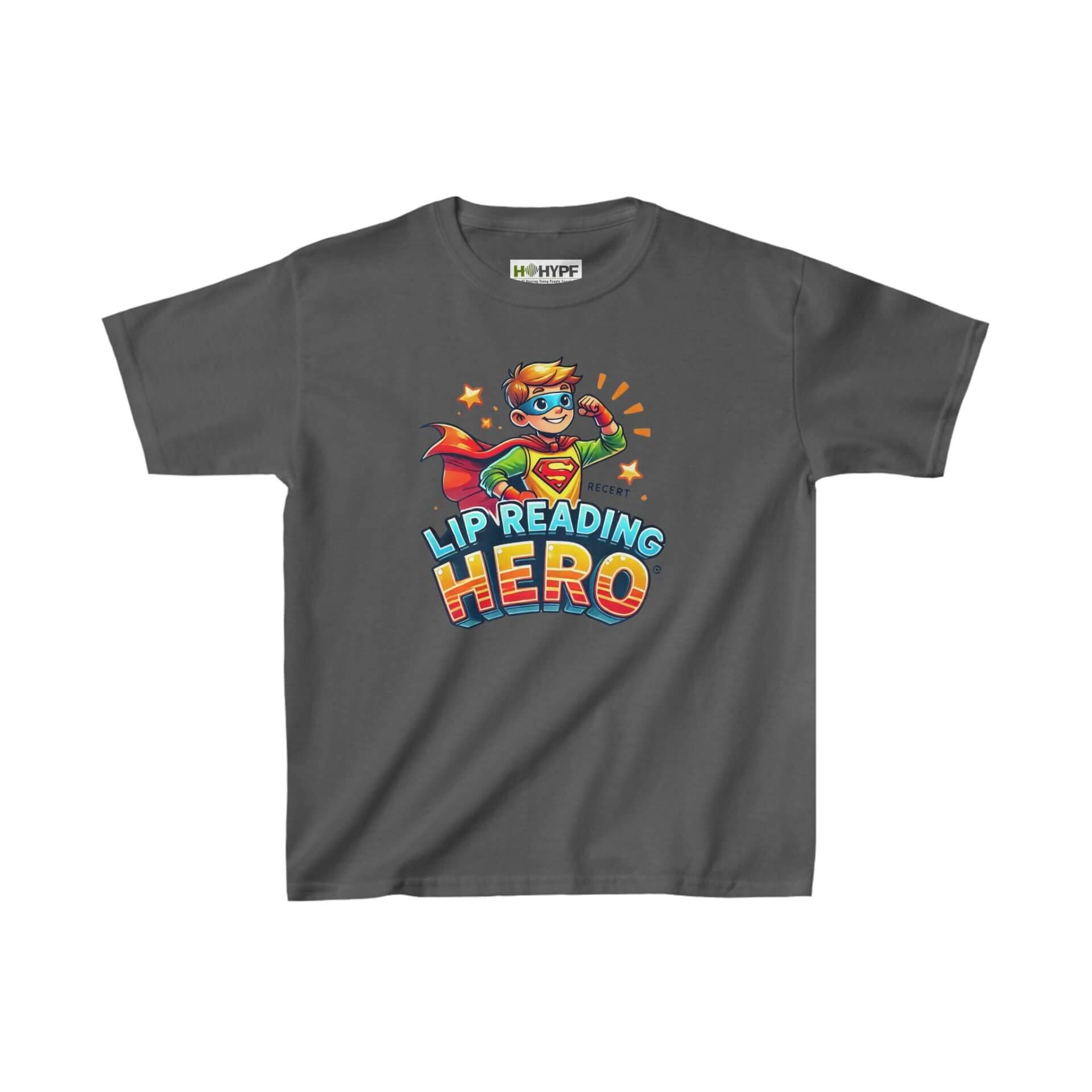 Lip Reading Hero T-Shirt for Boys - Dark Heather, Front