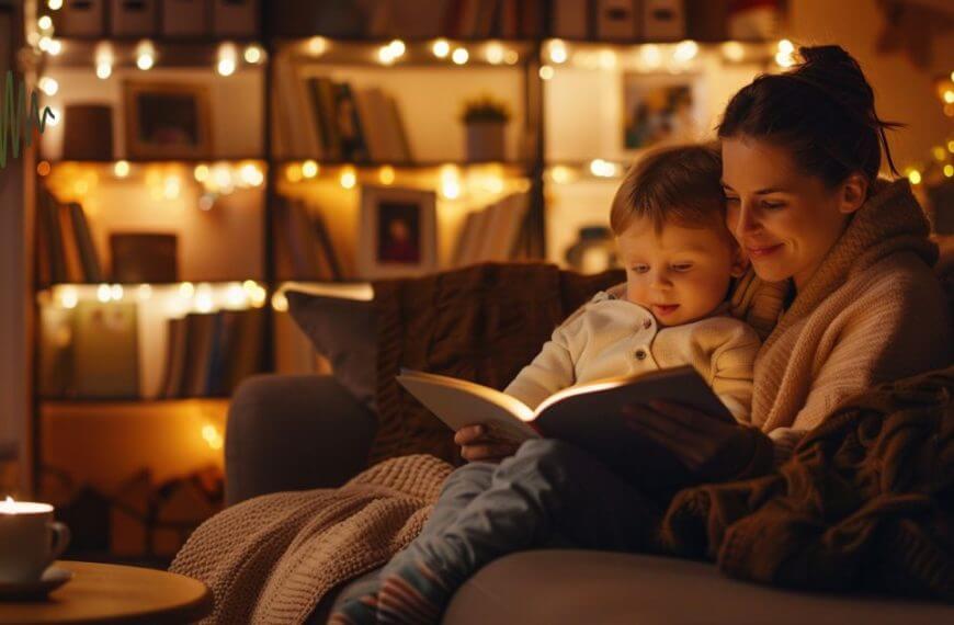 A mother and her hard-of-hearing child sit on a cozy couch in a warmly lit home, reading a book together. A soft blanket, a cup of tea, and a glowing fireplace create a secure and comforting atmosphere.