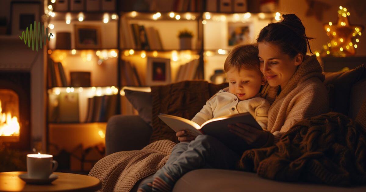 A mother and her hard-of-hearing child sit on a cozy couch in a warmly lit home, reading a book together. A soft blanket, a cup of tea, and a glowing fireplace create a secure and comforting atmosphere.