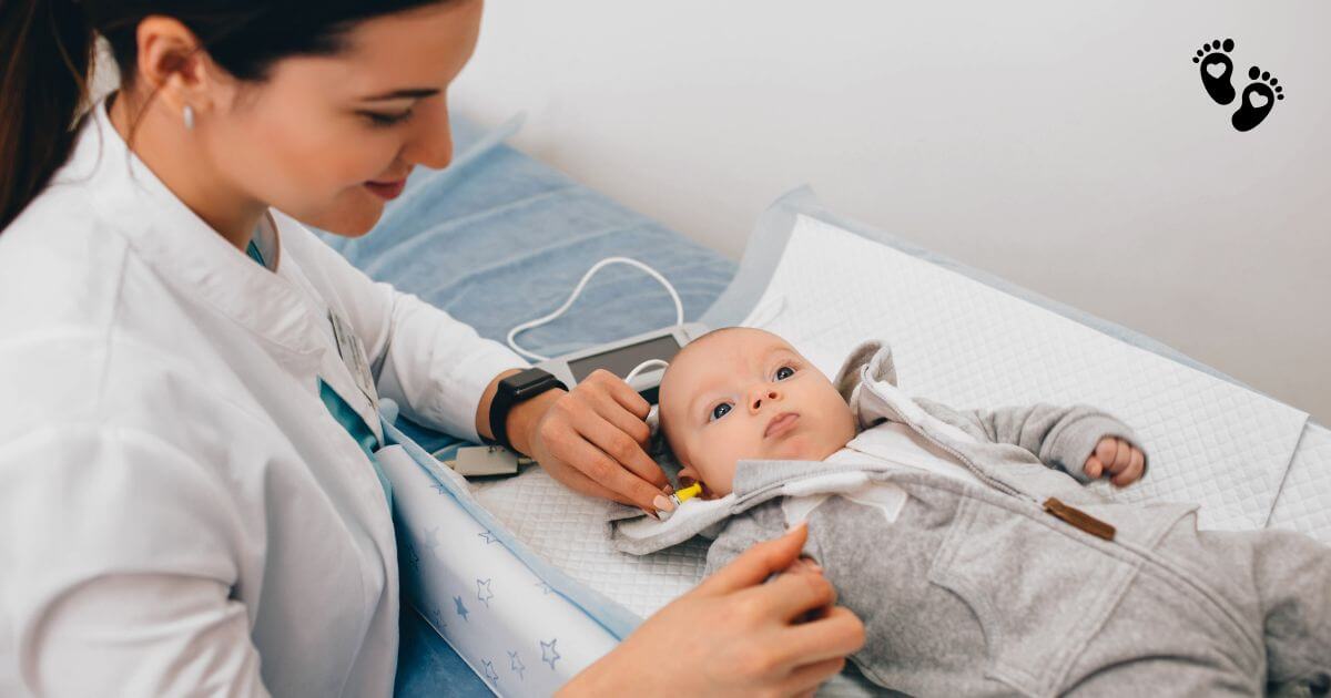 Pediatrician performing a hearing screening on a newborn baby.