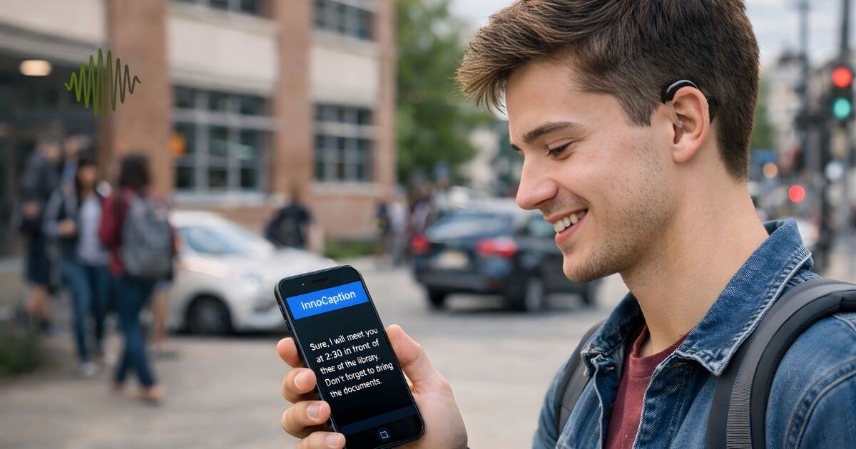 Hard of Hearing student reading phone call captions on the InnoCaption app outside school